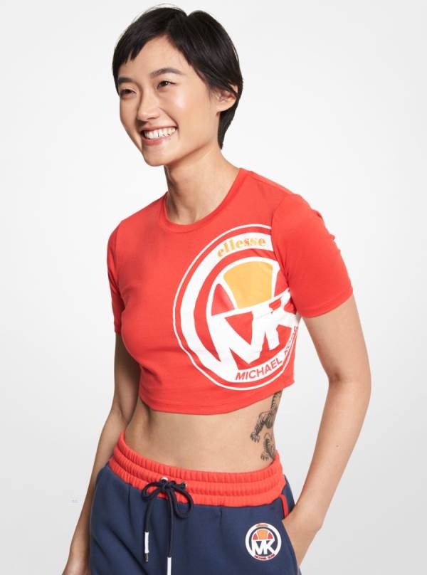 Damske Tricko Michael Kors MMK X ellesse Logo Organic Cotton Cropped Top Tmavo Červené - Oblecenie Michael Kors Sleva | FZALX-8649